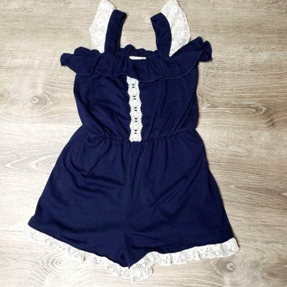 Jenna & Jessie navy blue Girls Sz 5 Sleeveless Lace Trim Romper Ruffled Neckline
